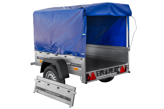 Remorque pour voiture 150x106 bâche bleue + arceau, PTAC 500 kg Garden Trailer 150 KIPP [avec roue jockey]