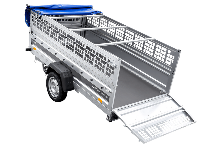Remorque à un essieu sur ressorts 264x125 UNITRAILER FORCE 264/R KIPP avec côtés en filet, châssis H-0 et bâche bleue