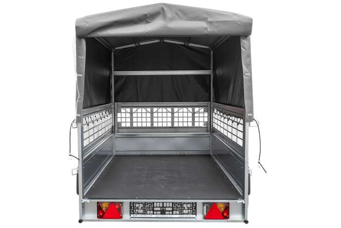 Remorque porte-voitures 230x125 UNITRAILER GARDEN 230 KIPP avec côtés en filet, châssis H-800 et bâche grise