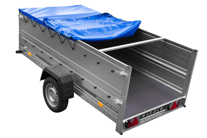 Remorque à un essieu sur ressorts 264x125 UNITRAILER GARDEN 264/R KIPP avec côtés, ridelles BIS, châssis H-0 et bâche bleue