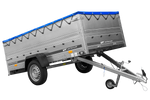 Remorque simple essieu Unitrailer GARDEN TRAILER 264 KIPP avec rehausses de ridelles et bâche plate bleue