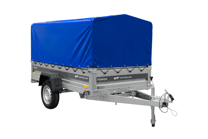 Remorque à un essieu 230x125 UNITRAILER FORCE 230 KIPP avec châssis H-800 et bâche bleue