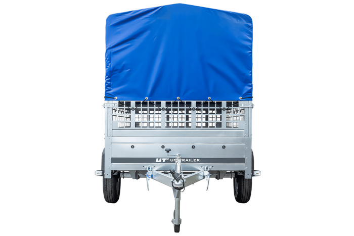 Remorque à un essieu 230x125 UNITRAILER GARDEN 230 KIPP avec côtés en filet, châssis H-800 et bâche bleue