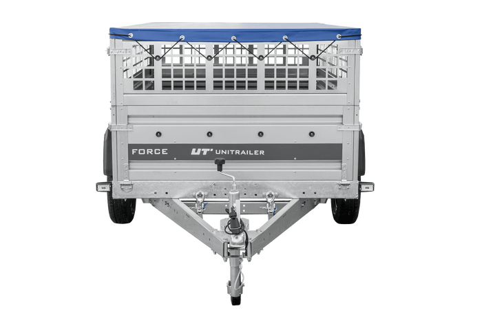 Remorque à un essieu 230x125 UNITRAILER FORCE 230 KIPP avec côtés grillagés, châssis H-0 et bâche bleue