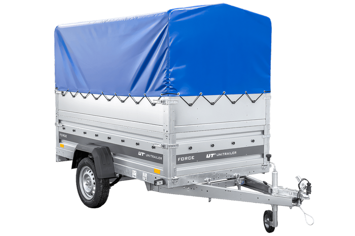 Remorque à un essieu sur ressorts 230x125 UNITRAILER FORCE 230/R KIPP avec ridelles BIS, châssis H-800 et bâche bleue
