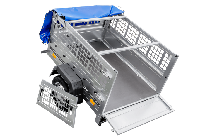 Remorque porte-voitures 150x106 UNITRAILER GARDEN 150 KIPP avec côtés en filet et bâche bleue