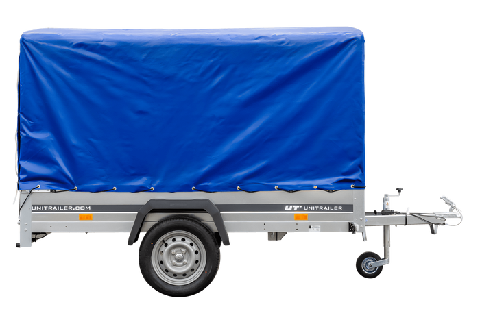Remorque porte-voitures 230x125 UNITRAILER GARDEN 230 KIPP avec châssis H-1100 et bâche bleue