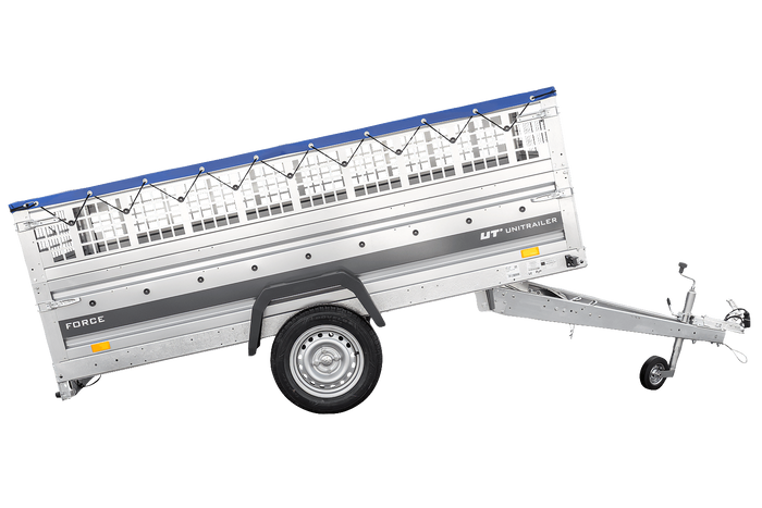 Remorque à un essieu 264x125 UNITRAILER FORCE 264 KIPP avec ridelles grillagées, châssis H-0 et bâche bleue