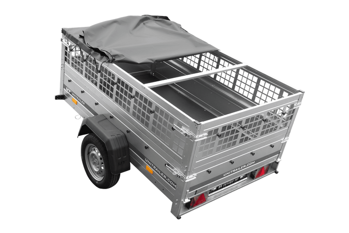 Remorque porte-voitures 200x125 UNITRAILER GARDEN 201 KIPP avec côtés en filet, châssis H-0 et bâche grise