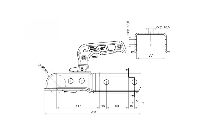 Attelage à boule STEELPRESS ZSK-1300M pour remorque de 1300 kg avec timon carré de 77 mm