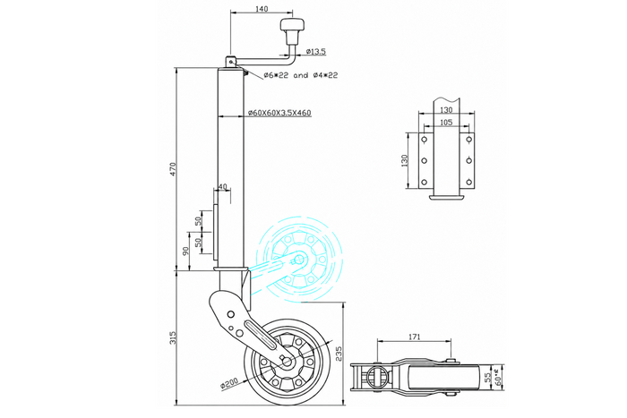 Roue jockey automatique UNITRAILER avec poignée 400 kg 60 mm 470-785 mm