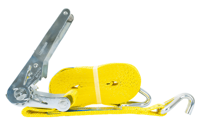 Ensemble de quatre courroies de transport jaunes UNITRAIER 8 m/50 mm/5 t avec tendeur