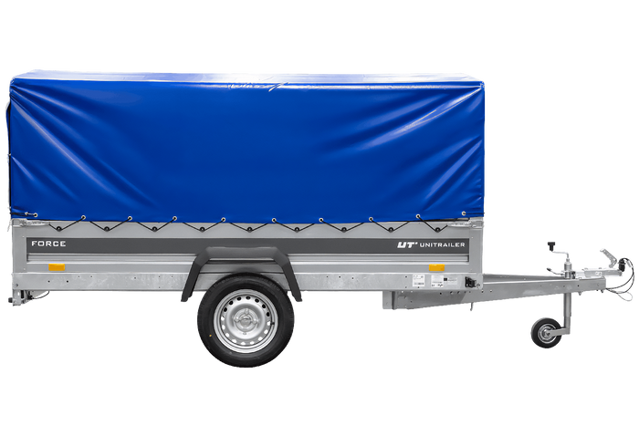 Remorque porte-voitures 264x125 UNITRAILER FORCE 264 KIPP avec châssis H-800 et bâche bleue