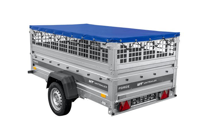 Remorque légère sur ressorts 230x125 UNITRAILER FORCE 230/R KIPP avec côtés en filet, châssis H-0 et bâche bleue