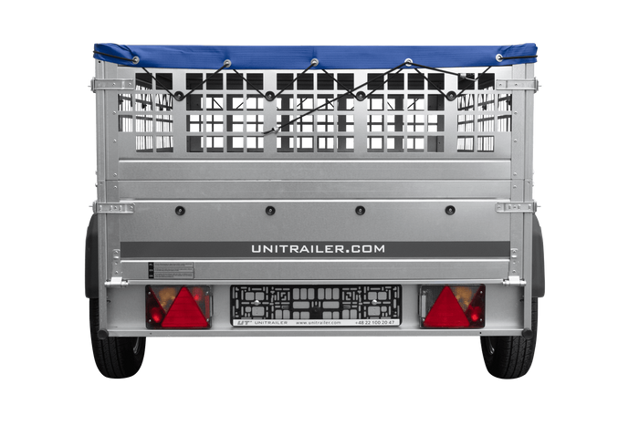 Remorque à un essieu 200x125 UNITRAILER GARDEN 201 KIPP avec côtés en filet, châssis H-0 et bâche bleue