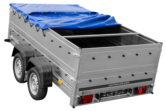 Remorque à deux essieux 264x150 UNITRAILER GARDEN 265/2 KIPP avec ridelles BIS, châssis H-0 et bâche bleue