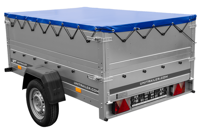 Remorque voiture 200x125 UNITRAILER GARDEN 201 KIPP avec ridelles supplémentaires et bâche bleue
