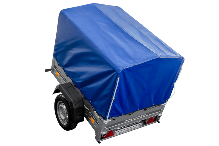 Remorque pour voiture 150x106 bâche bleue + arceau, PTAC 500 kg Garden Trailer 150 KIPP [avec roue jockey]