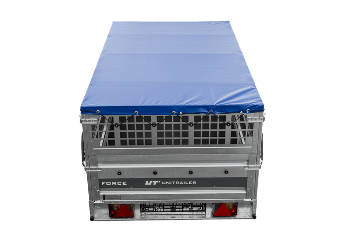 Remorque à un essieu 230x125 UNITRAILER FORCE 230 KIPP avec côtés grillagés, châssis H-0 et bâche bleue