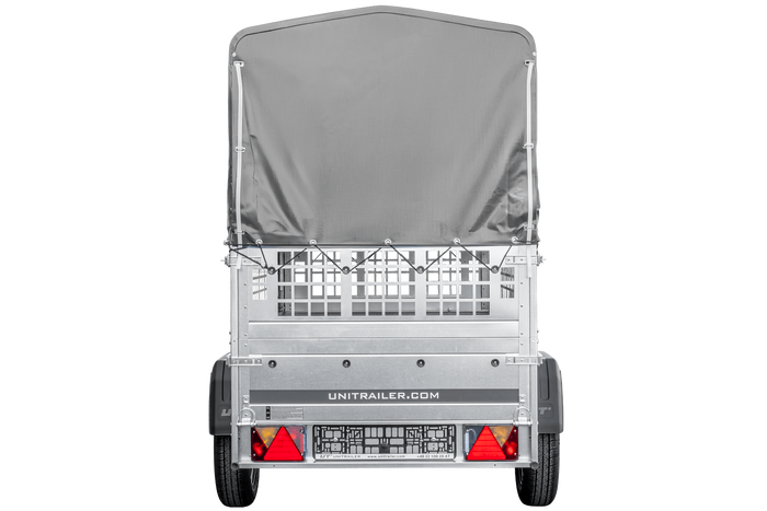 Remorque porte-voitures 200x106 UNITRAILER GARDEN 200 KIPP avec côtés en filet, châssis H-800 et bâche grise