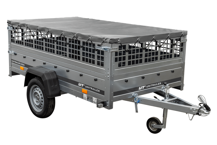 Remorque porte-voitures 230x125 UNITRAILER GARDEN 230 KIPP avec côtés en filet et bâche grise