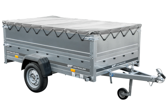 Remorque porte-voitures sur ressorts 230x125 UNITRAILER GARDEN 230/R KIPP avec côtés BIS, châssis H-0 et bâche grise