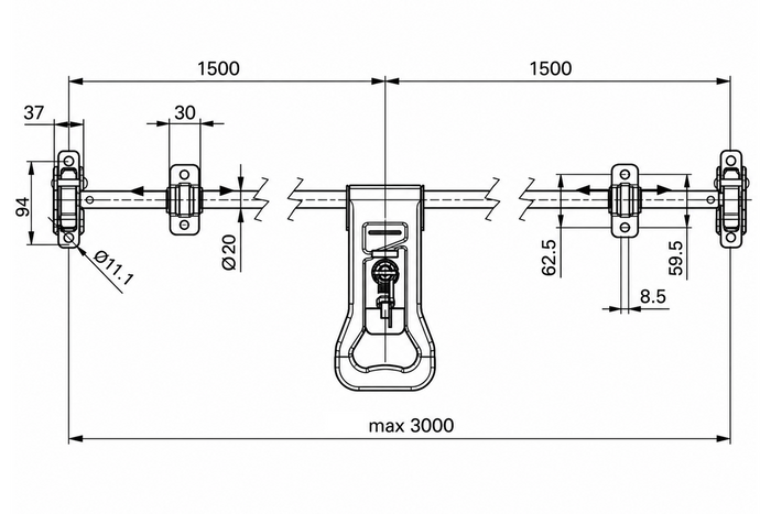 Boulon de verrouillage pour remorque porte-conteneurs STEELPRESS ZD-03 V.3, verrou de porte 3000 mm