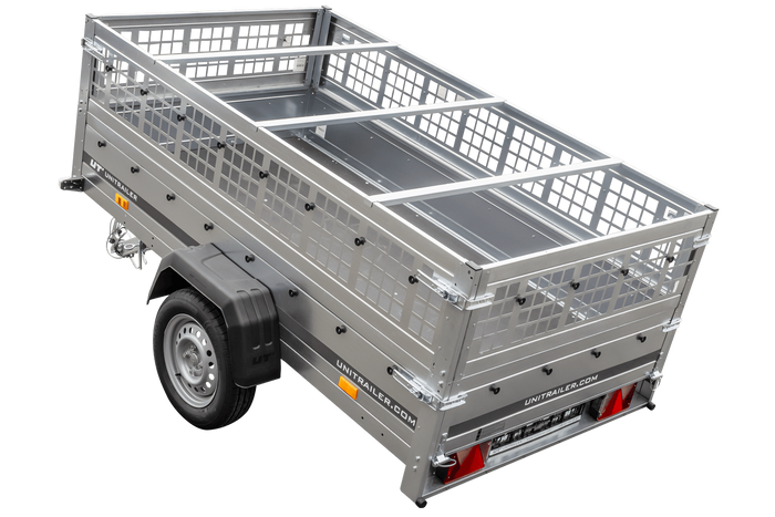 Remorque à un essieu 230x125 UNITRAILER GARDEN 230 KIPP avec côtés en filet, châssis H-0 et bâche grise