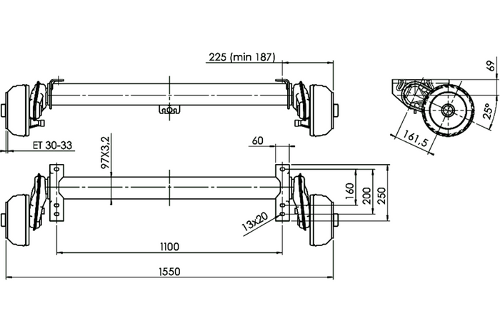 Essieu freiné AL-KO COMPACT pour remorque/dépanneuse 1350kg, 110mm, 1550mm, 5x112