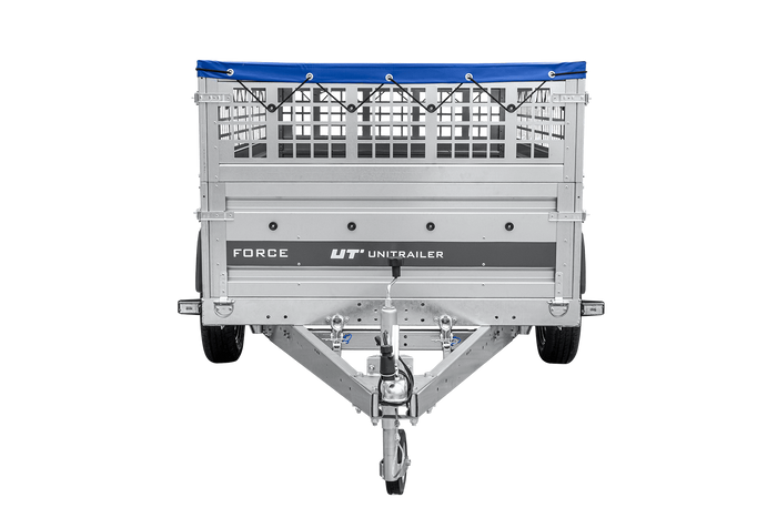 Remorque légère sur ressorts 230x125 UNITRAILER FORCE 230/R KIPP avec côtés en filet, châssis H-0 et bâche bleue