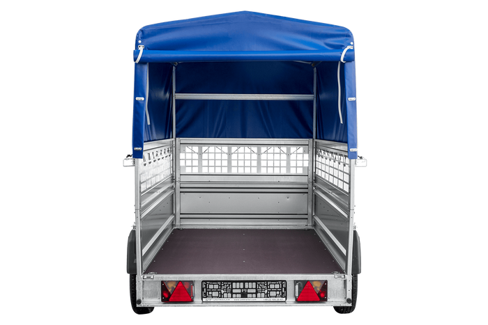 Remorque porte-voitures sur ressorts 230x125 UNITRAILER FORCE 230/R KIPP avec côtés en filet, châssis H-800 et bâche bleue