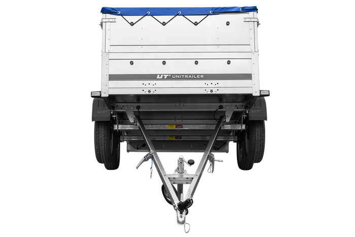 GARDEN TRAILER 264/2 KIPP remorque à deux essieux avec roue jockey, tiges de support, ridelles supplémentaires et bâche plate bleue