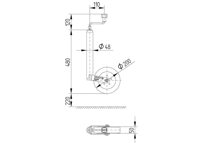Roue de support, jockey KNOTT TK48, 150 kg, 48 mm, 480-700 mm