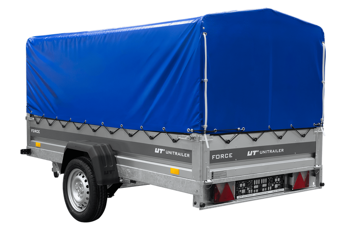 Remorque à un essieu sur ressorts 264x125 UNITRAILER FORCE 264/R KIPP avec châssis H-800 et bâche bleue