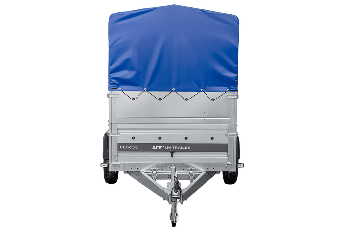 Remorque à un essieu sur ressorts 230x125 UNITRAILER FORCE 230/R KIPP avec ridelles BIS, châssis H-800 et bâche bleue