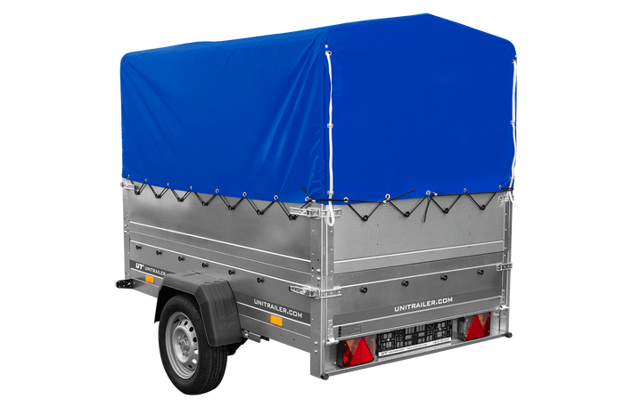 Remorque légère sur ressorts 200x125 UNITRAILER GARDEN 201/R KIPP avec côtés BIS, châssis H-800 et bâche bleue