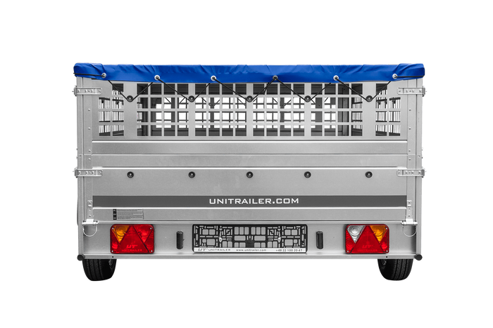Remorque légère sur ressorts 264x150 UNITRAILER GARDEN 265/R KIPP avec ridelles grillagées, châssis H-0 et bâche bleue