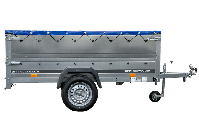 REMORQUE DE JARDIN 230 KIPP AVEC ROUE JOINTE, GLISSIÈRES BIS ET BÂCHE PLATE BLEUE