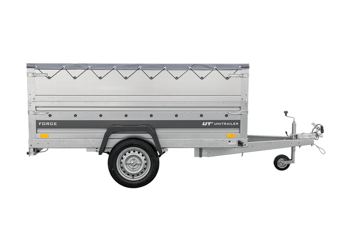 Remorque porte-voitures sur ressorts 230x125 UNITRAILER FORCE 230/R KIPP avec ridelles BIS, châssis H-0 et bâche grise
