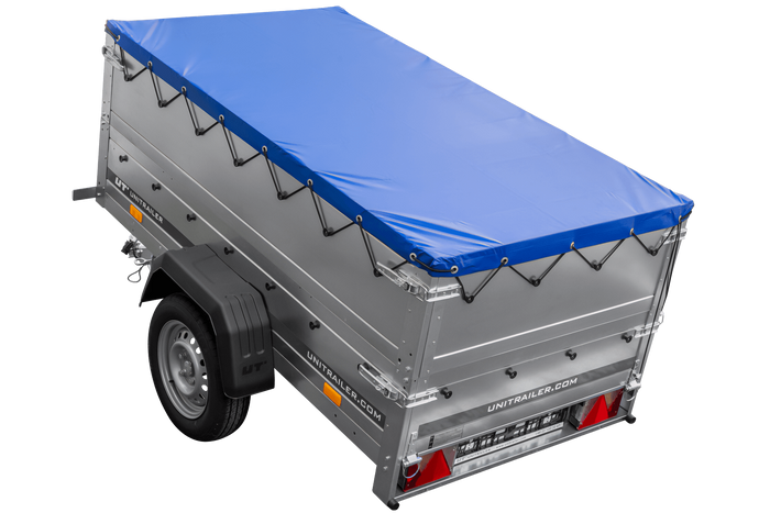 Remorque porte-voitures 200x106 UNITRAILER GARDEN 200 KIPP avec ridelles BIS, châssis H-0 et bâche bleue