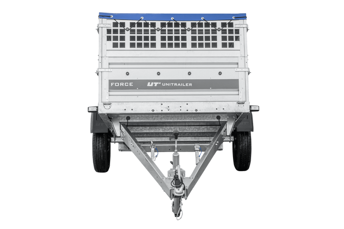 Remorque à un essieu 230x125 UNITRAILER FORCE 230 KIPP avec côtés grillagés, châssis H-0 et bâche bleue