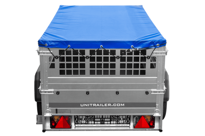 Remorque légère 200x106 UNITRAILER GARDEN 200 KIPP avec côtés en filet, châssis H-0 et bâche bleue