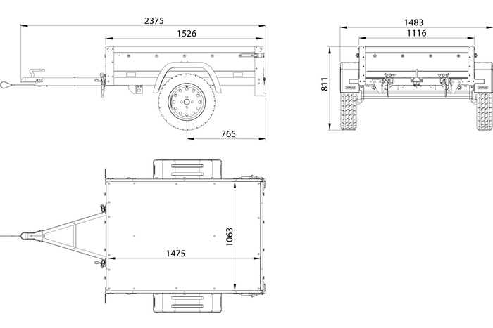 Remorque un essieu 150x106 UNITRAILER GARDEN 150 KIPP avec côtés, ridelles supplementaires et capot en aluminium