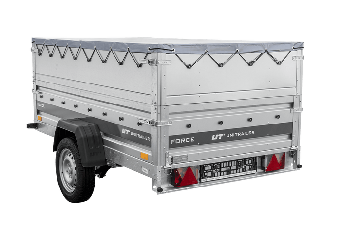 Remorque porte-voitures sur ressorts 230x125 UNITRAILER FORCE 230/R KIPP avec ridelles BIS, châssis H-0 et bâche grise