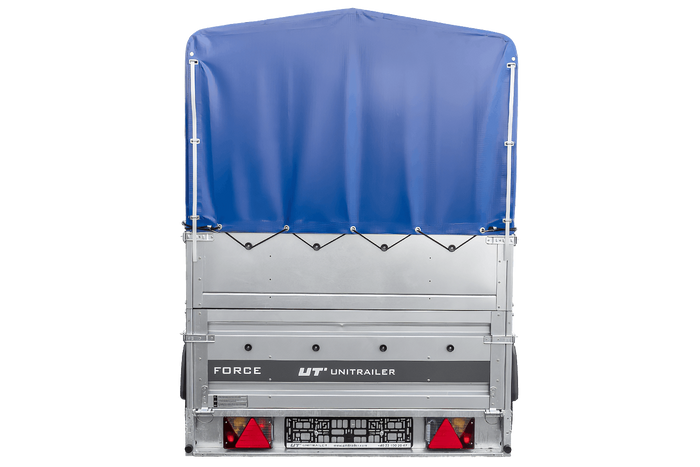 Remorque à un essieu sur ressorts 230x125 UNITRAILER FORCE 230/R KIPP avec ridelles BIS, châssis H-800 et bâche bleue