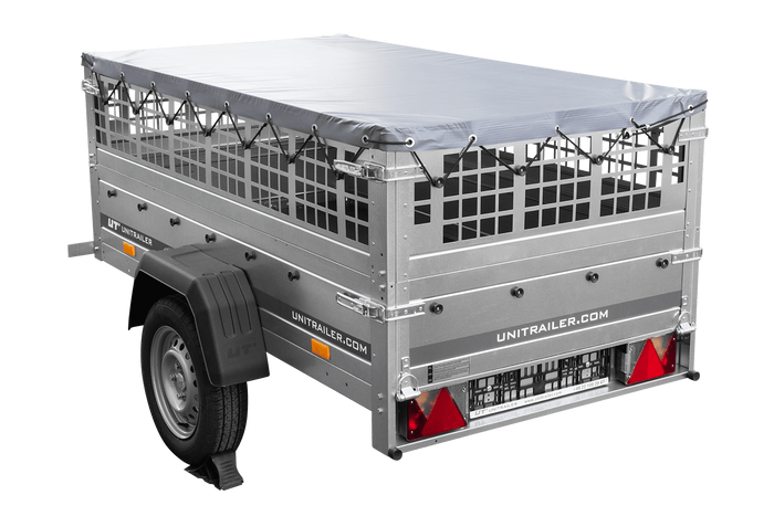 Remorque à un essieu 200x106 UNITRAILER GARDEN 200 KIPP avec côtés en filet et bâche grise