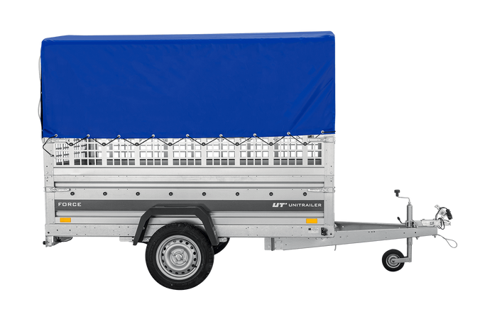 Remorque porte-voitures sur ressorts 230x125 UNITRAILER FORCE 230/R KIPP avec côtés en filet, châssis H-800 et bâche bleue