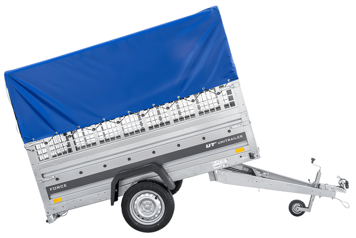 Remorque à un essieu 230x125 UNITRAILER FORCE 230 KIPP avec côtés grillagés, châssis H-0 et bâche bleue