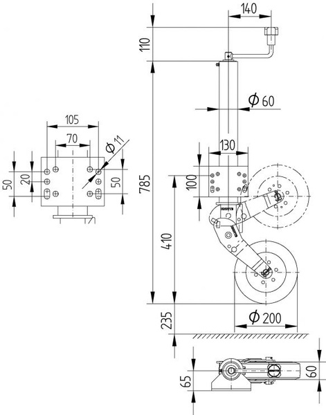 Roue jockey automatique KNOTT ATK60 avec poignée 250 kg 60 mm 785-1020 mm