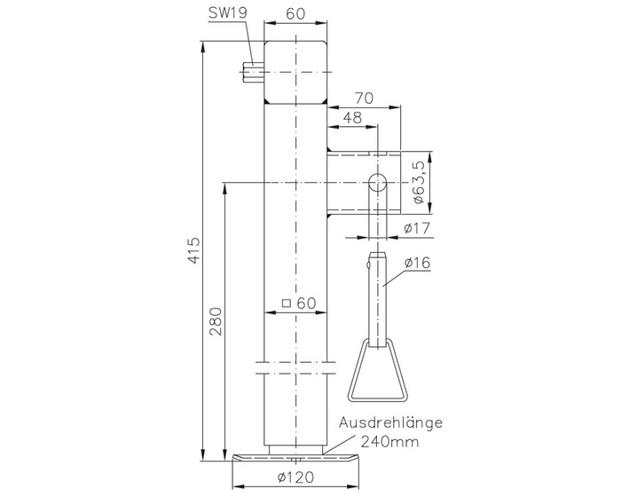 Béquille extensible WINTERHOFF SF60-19-280 pour remorque plateau 1300 kg 415-655 mm